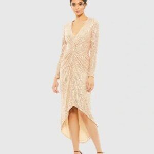 NWT Mac Duggal high low Gold Sequin Dress Long Sleeve Size 8 #26594
